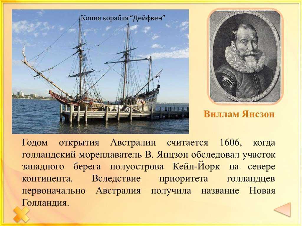 Котов корабль в честь кого назван. Виллем Янсзон 1606 год. Виллем Янсзон мореплаватель. Виллем Янсзон корабль. Вильям Янсзон открытие Австралии.