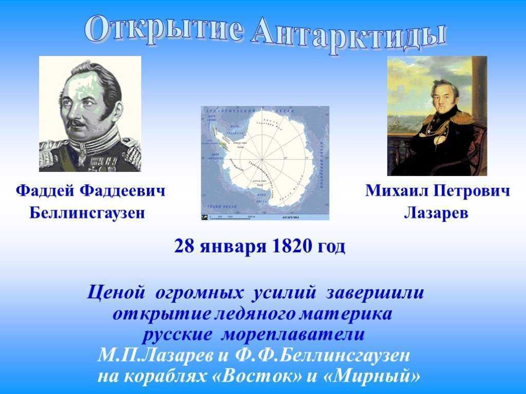 Человек открывший антарктиду. Ф Ф Беллинсгаузен открытие Антарктиды.