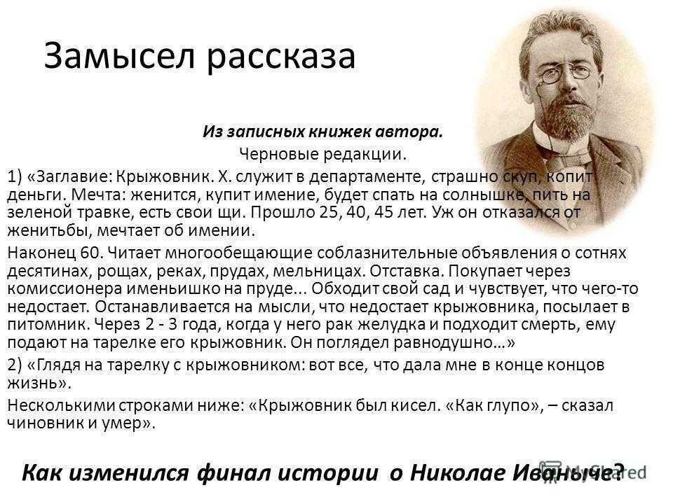 Чехов крыжовник кратчайшее содержание. Крыжовник Чехов проблематика. Замысел рассказа это. Рассказ крыжовник Чехов. Тема рассказа крыжовник.